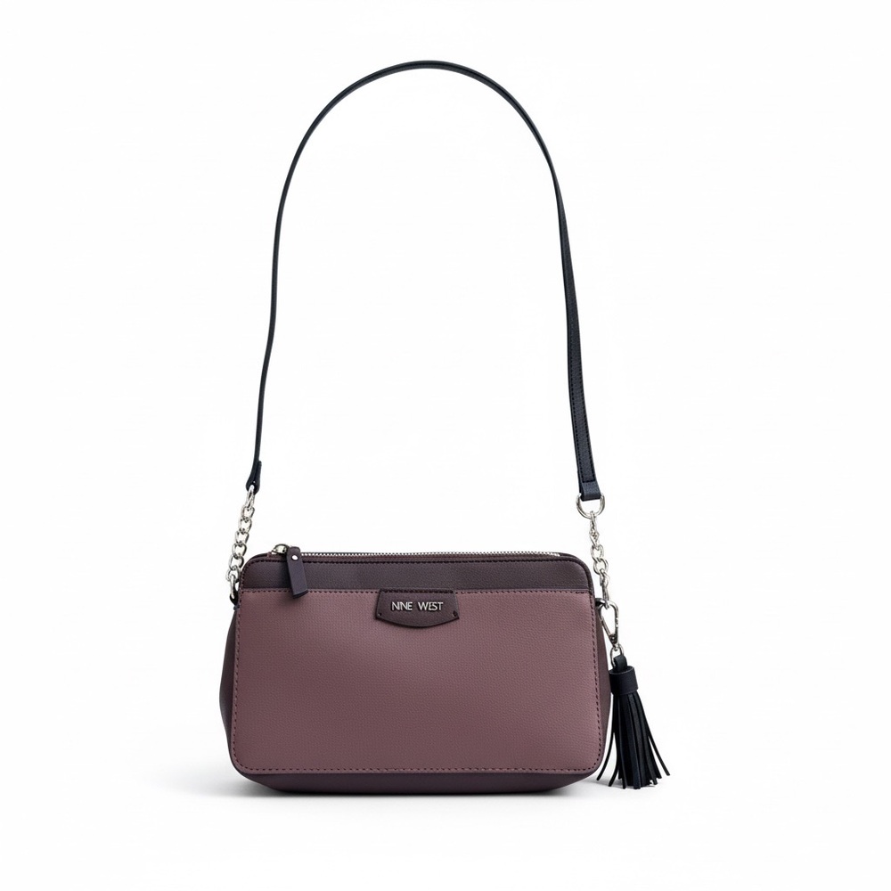 Nine West Plum Crossbody Bag Purple Leather Tassel Adjustable Strap - Picture 2 of 13
